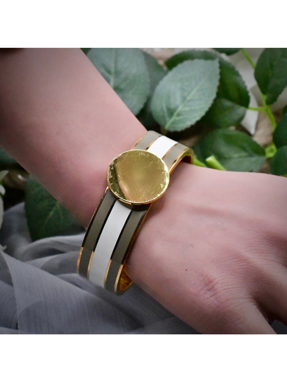 Vintage Heavy Gold Tone Enamel Striped Hinged Bangle 78g